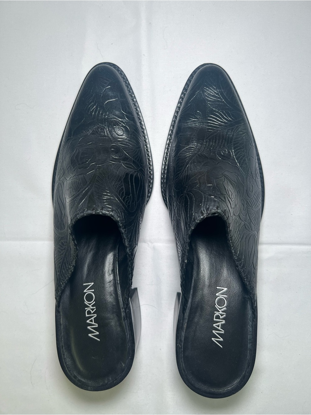 Markon Black Tooled Leather Mules, Size 8